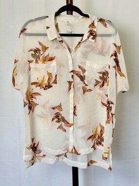 A New Day | Sheer Floral Button Down Blouse Cream | Size XL